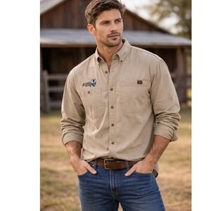 Wrangler Riggs Workwear Shirt Mens M Tan Button Up Ranch Logo Utility